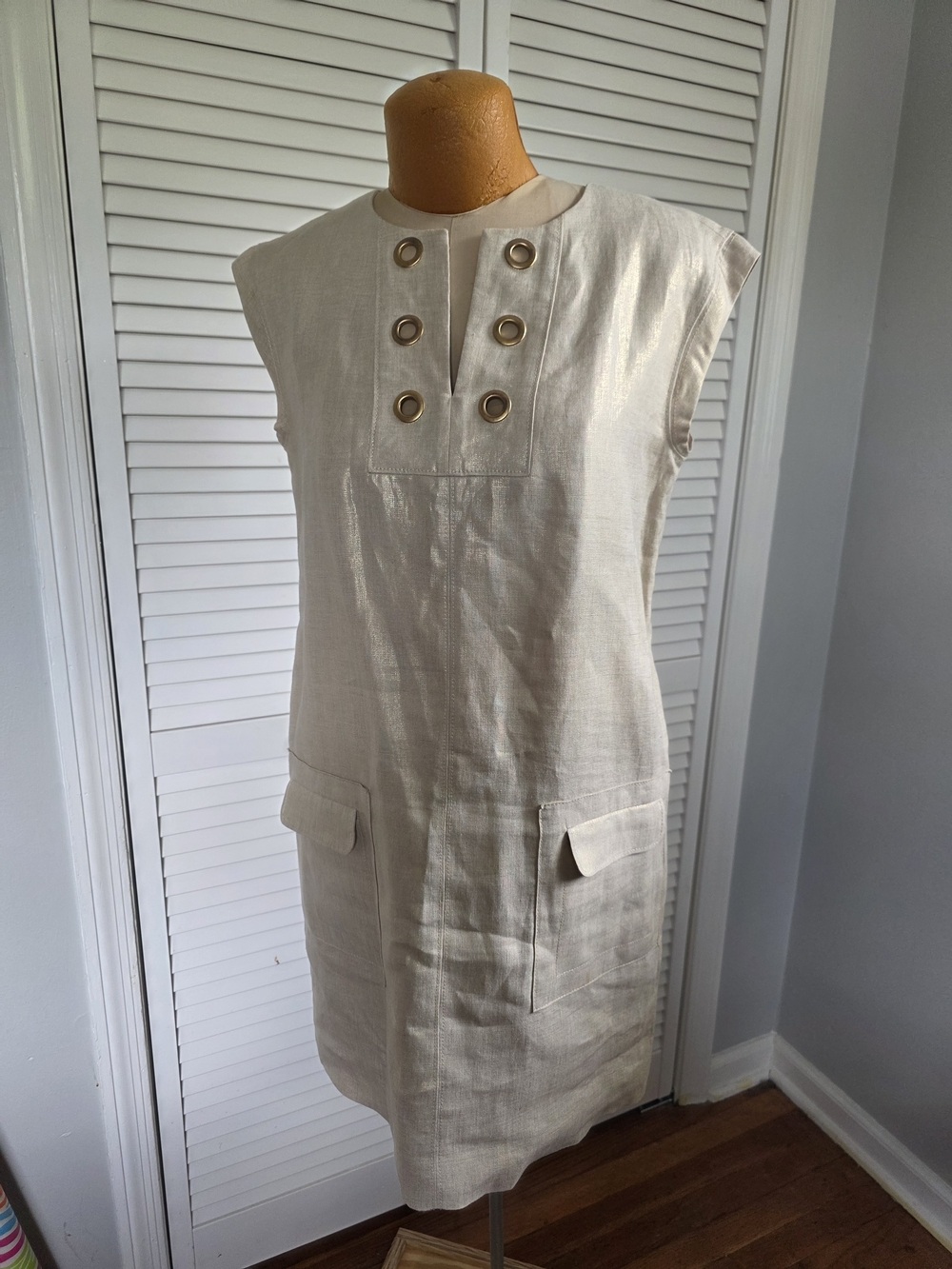J.Crew 100% Linen Grommet Shift Dress Beige Size 6